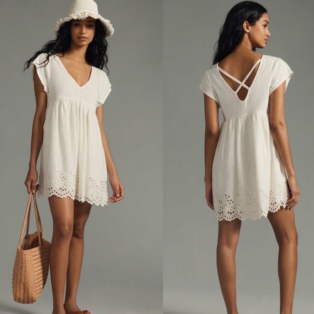 Anthropologie Cream Eyelet-Trim V‑Neck Babydoll Mini Dress